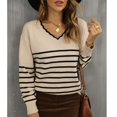 thumbnail image 2 of Suéter a Rayas con Cuello en V para Mujer, suéteres de Punto Elegantes de Manga Larga para Compras en casa, Citas, Oficina, Albaricoque L, 2 of 7
