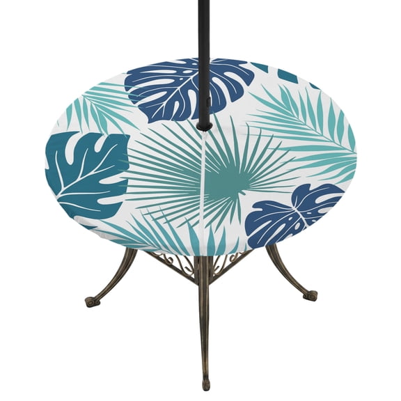 Round Outdoor Tablecloth with Umbrella Hole and Zipper, Teal Blue Palm Leaves Tablecloth with Elastic Waterproof, Tropical Botanical Summer Patio Table Covers for 36" - 44" Picnic Pool Tables