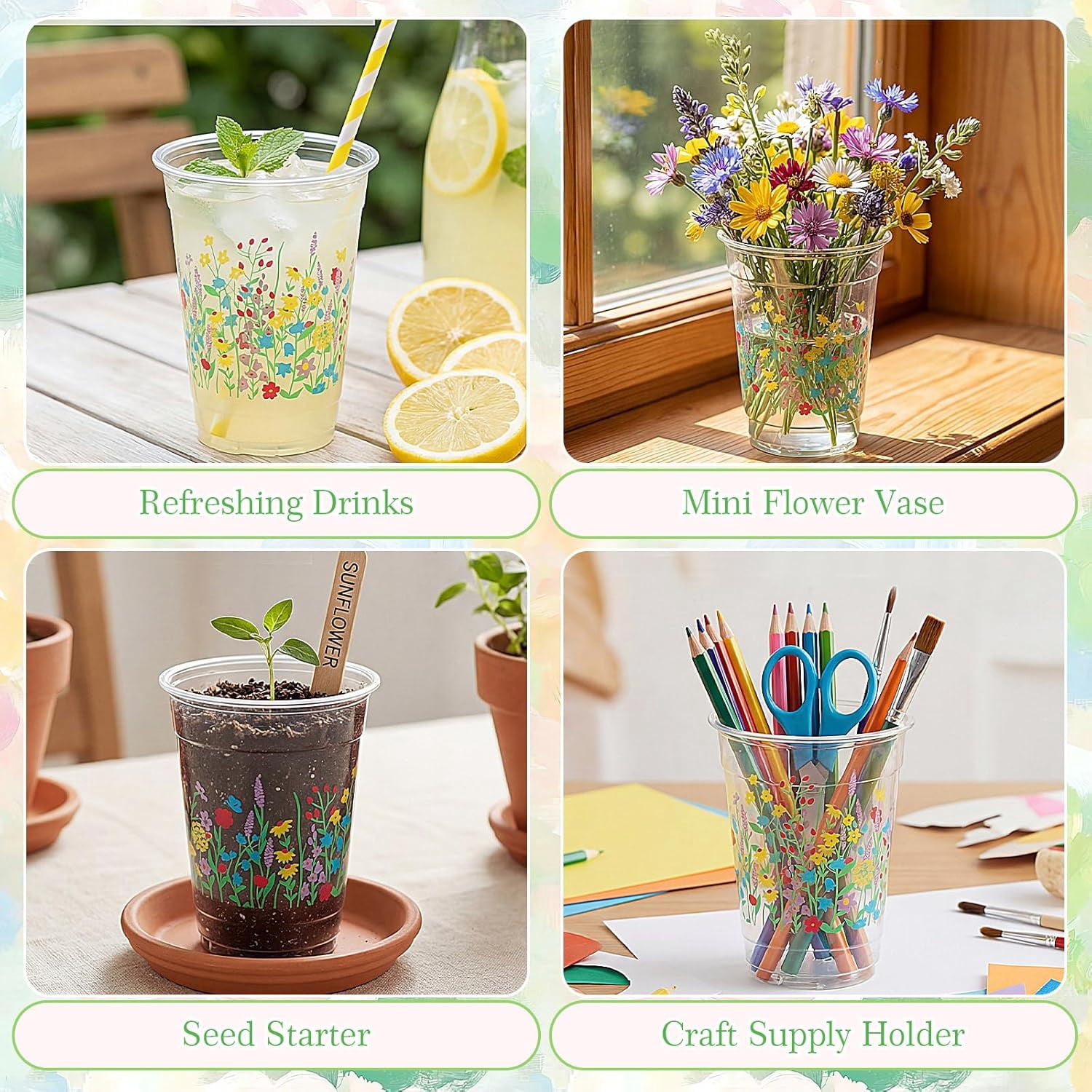 100 pcs Wildflower Disposable Cups Bulk 12 oz Clear Floral Plastic Cups Cold Beverage Flower Drinking Container for Spring Wedding Baby Shower Party