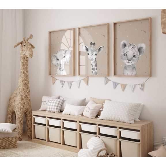 UNFFRAMED Nursery Decor Elephant And Giraffe, Animal Nursery Prints, Grey Nursery, Neutral Nursery, Baby Room Wall Art, Woodland Animals, Gray Nursery #389 Set 3 Prints 8x12