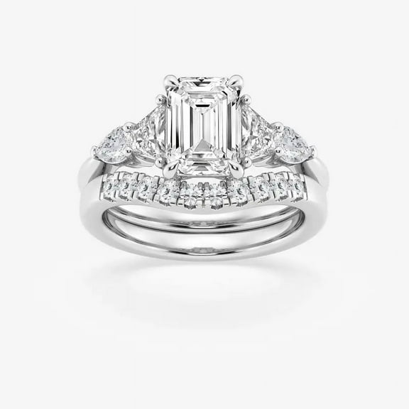Divine Jewelry 14K White Gold Plated Ring - Prong Set 2.8 Ct Emerald Cut Moissanite Ring - Three-Stone Engagement Wedding Ring - Latest Engagement Diamond Ring - Bridal Set Rings