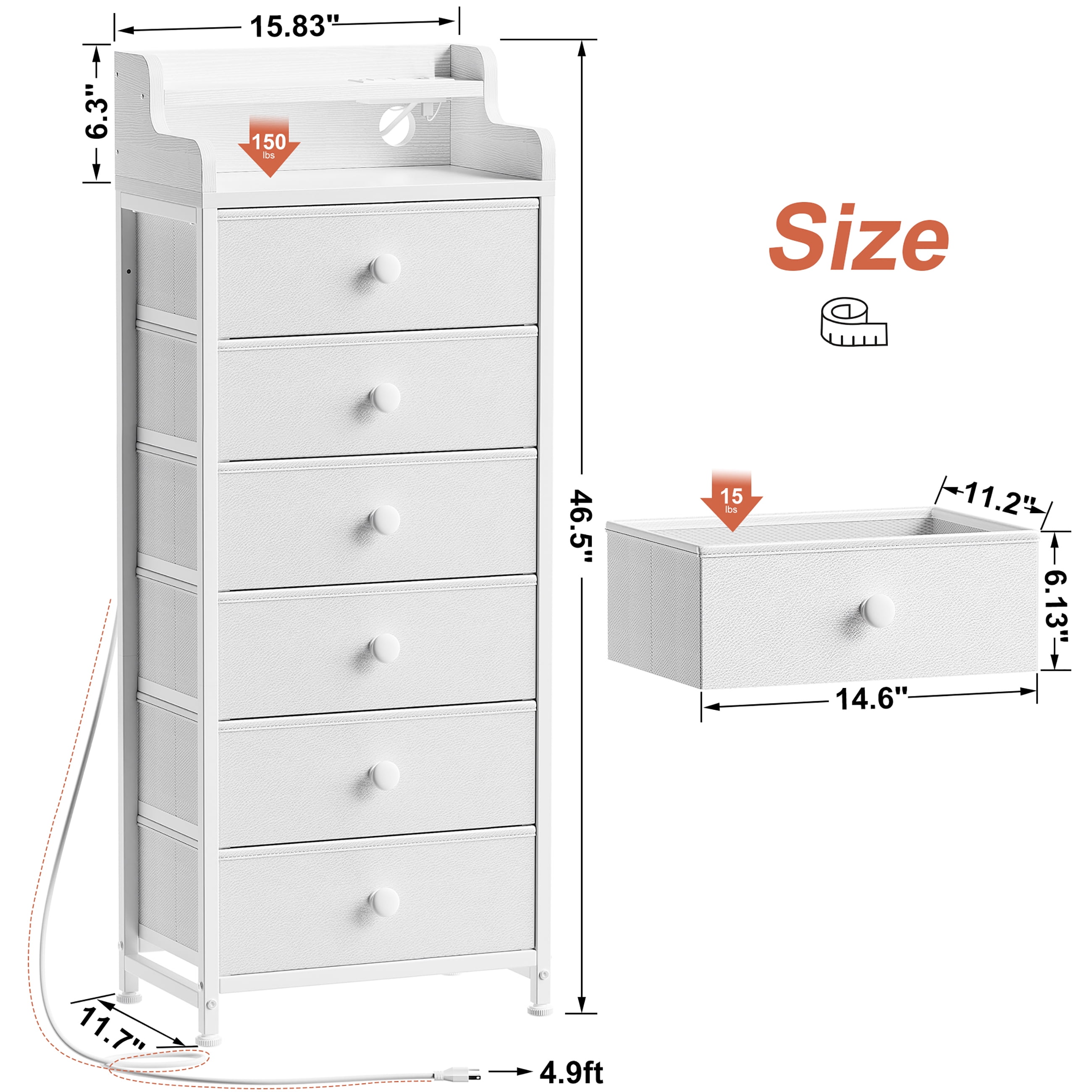 GUNAITO Tall Led Dresser for Bedroom with 6 Drawers Chest of Drawers Fabric Storage Bin White