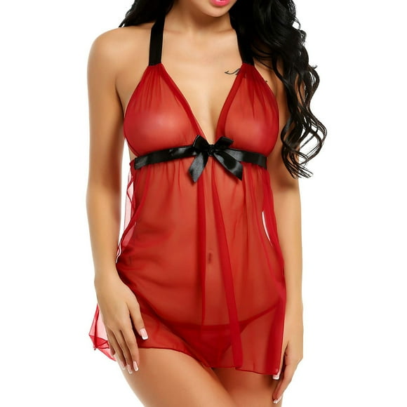 Fgnfyis Lingerie for Women Lace Chemise Negligees Sexy Exotic Nightgowns Halter Nighties Sheer Mesh Nightwear (1PC Nightdress+1PC Underpants) Comfortable Sleep Sets Red S