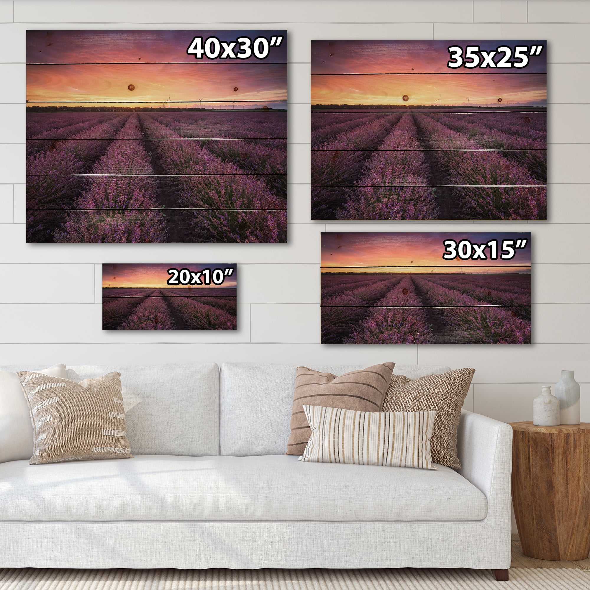 Designart 'Dramatic Clouds and Sunrise Over Lavender Field XIII' Farmhouse Print on Natural Pine Wood