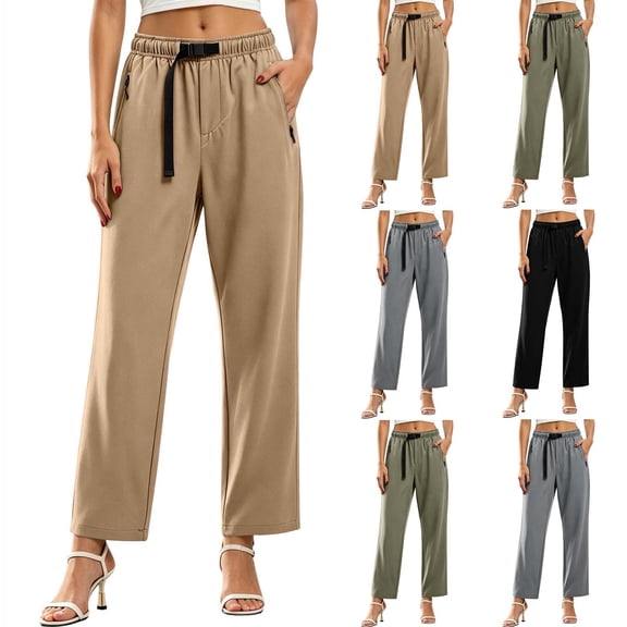 Liweisiy Women's Belted Cropped Pants Elastic Waist Zip Pocket Wrinkle Resistant Bottoms Office Loose Daily Loungewear Black 4XL