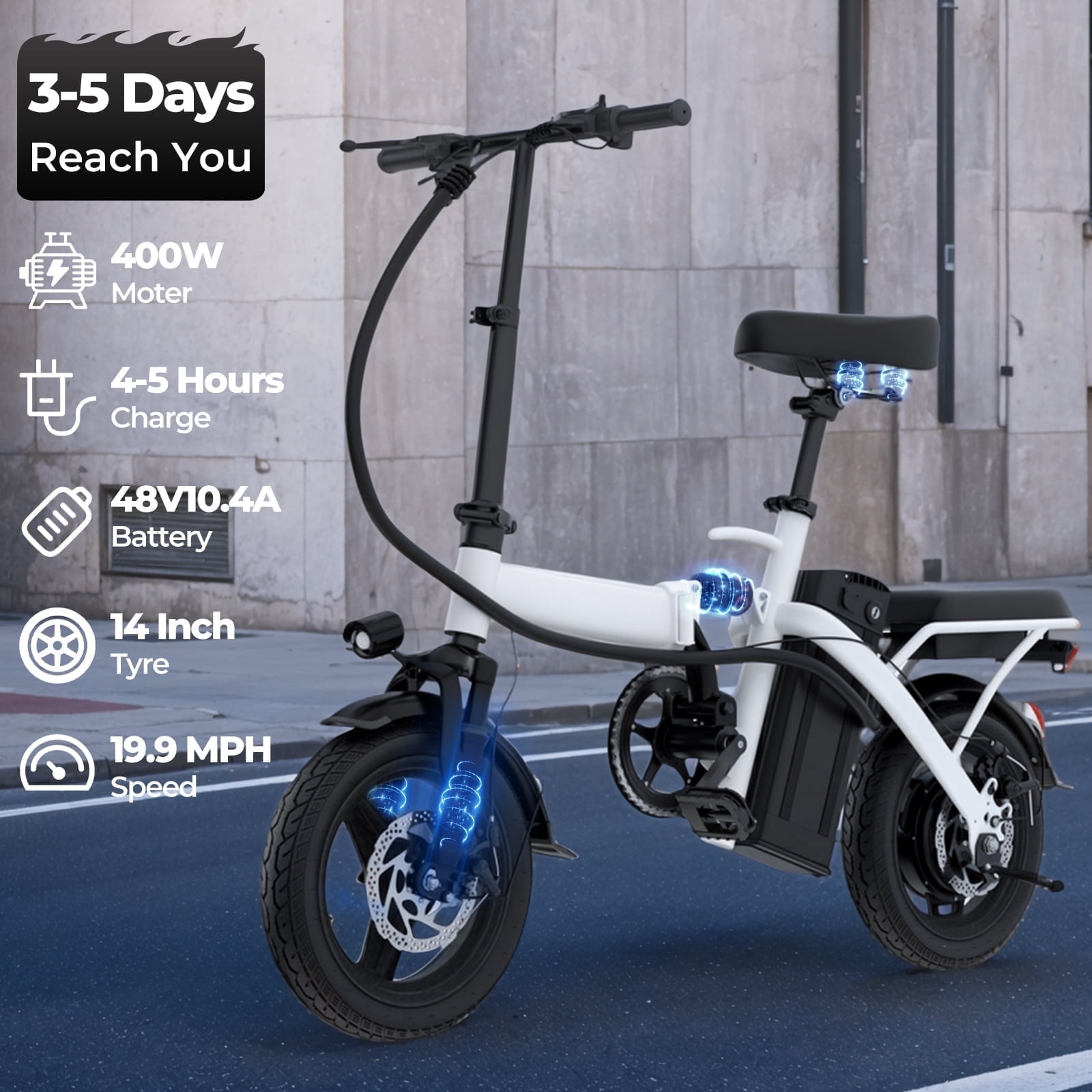 Kunyun 48V 400W Adult Electric Bikes,14" Tires, 20mph Ebike, 19-22mi Range, Dual Disc Brakes Foldable Electric Bike Adjustable Seat, Removable Basket Electric Bicycle for Adults