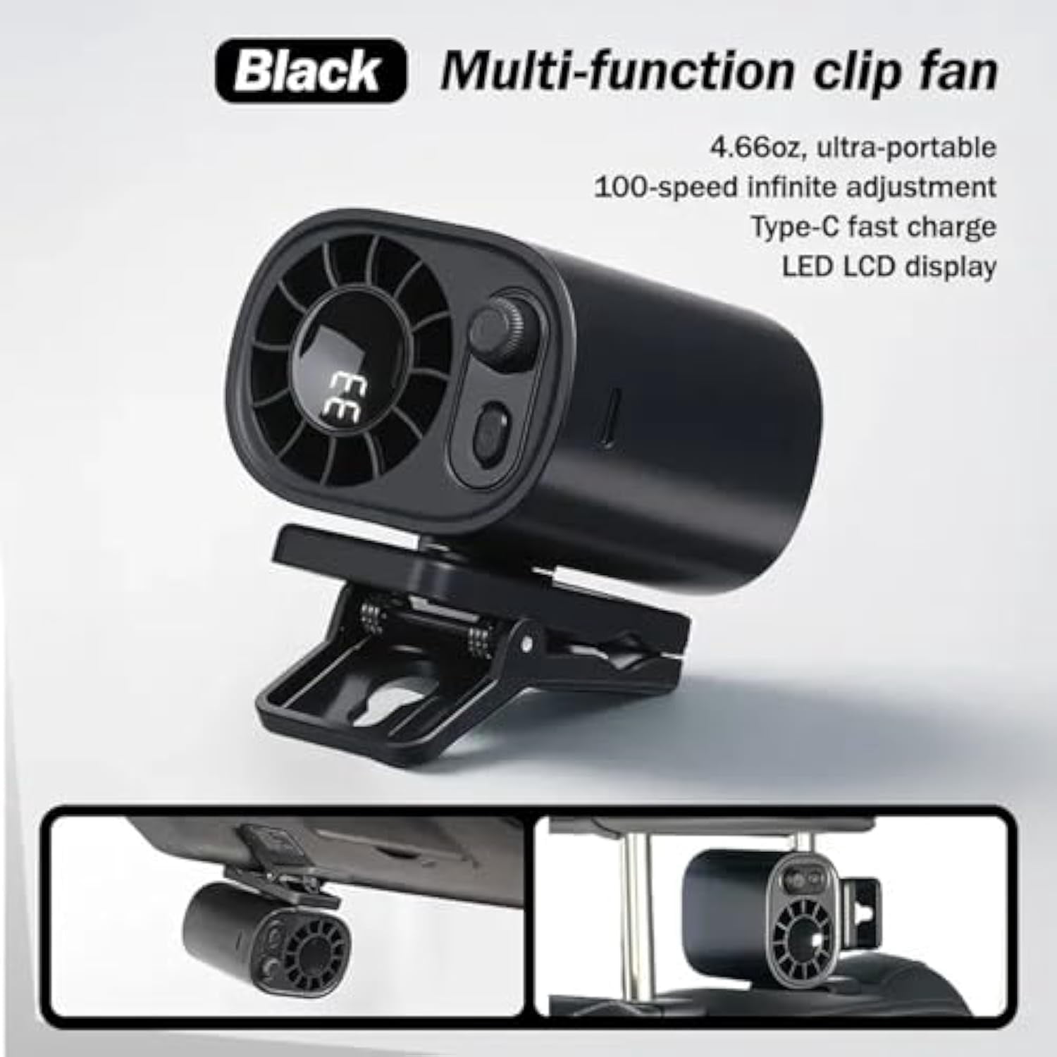 Car Clip on Fan with LED Display, Backseat Fan, USB Rechargeable Powerful Cooling Fans, 360° Rotation, 100 Speeds Adjustable, USB Rechargeable, 2025 New Clip on Fans for Car