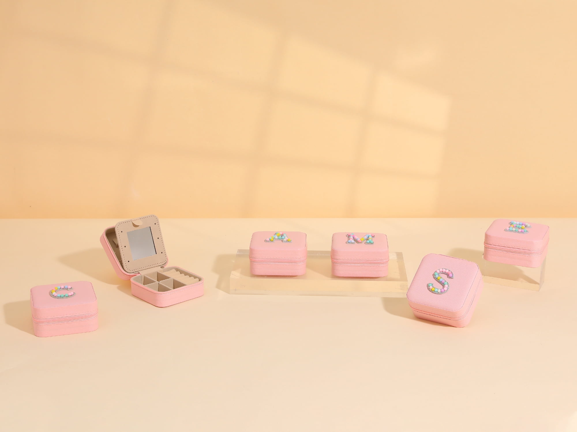 Unique Bargains Mini PU Leather Jewelry Box with Mirror Pink Letter A