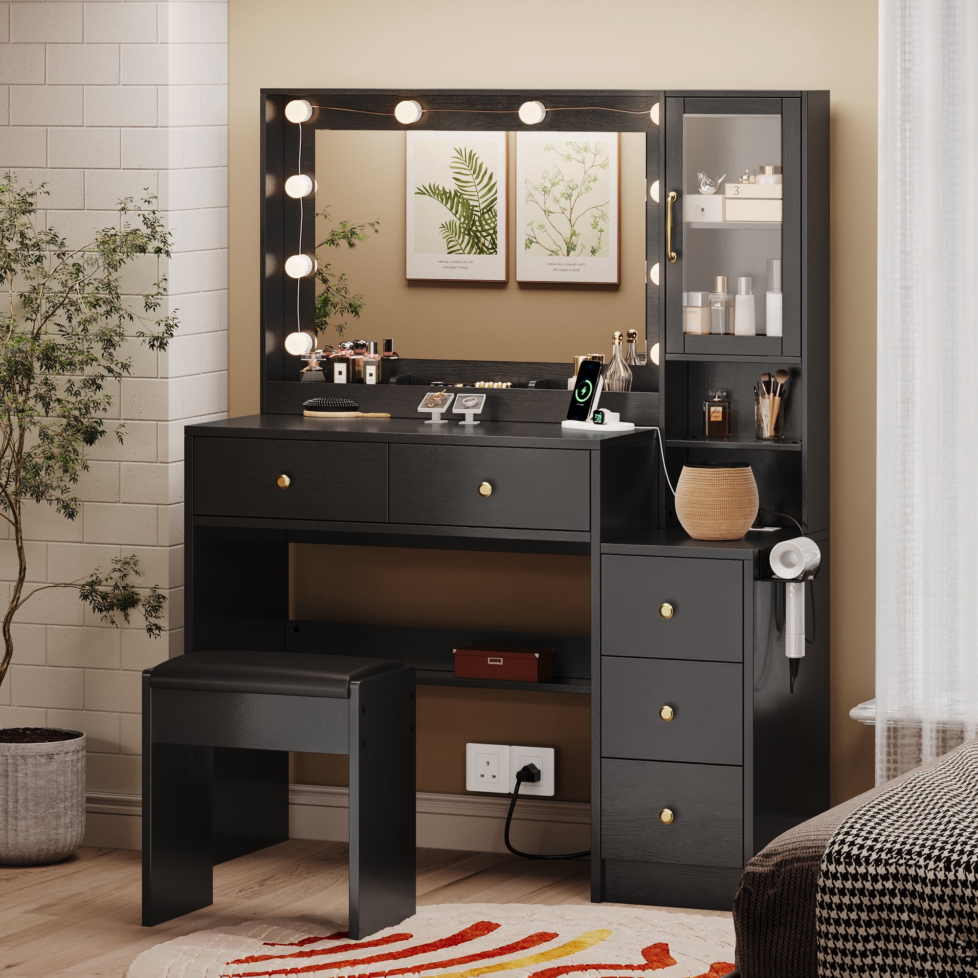 UGTOO 35.4" Modern Makeup Vanity Set with LED Lights & Charging Hub - Black/Wood Dressing Table, 5 Drawers, Stool, Convertible Desk for Small Spaces