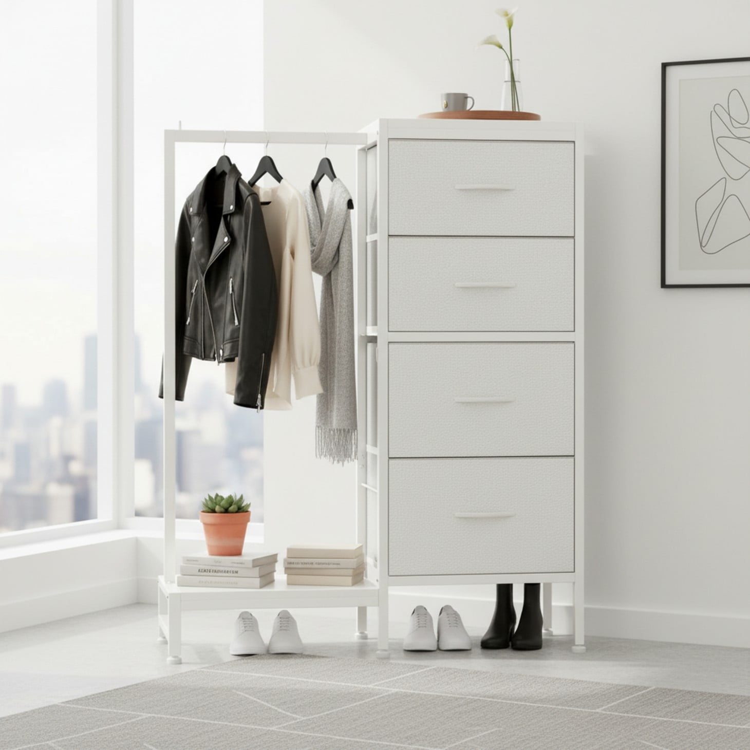 CONCETTA 4 Drawers Dresser with Hanging Rack, 44-inch Tall Reversible Fabric Chest, Bedroom Storage Tower, White