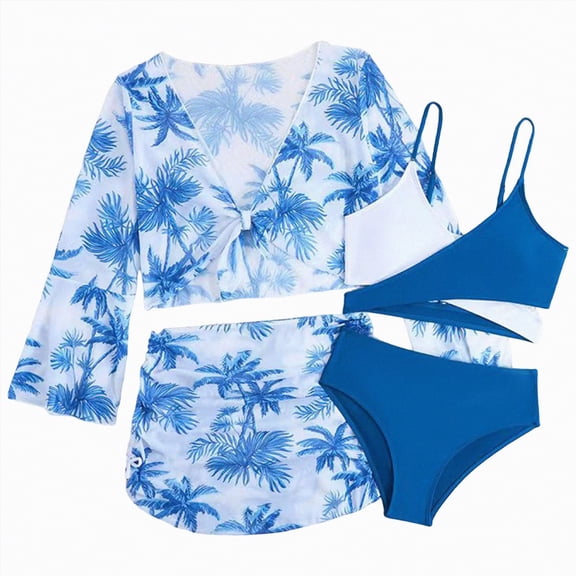HCNTES Girls Swimsuit Set 3 Piece Little Girls Bathing Suit with Matching Swim Top, Bikini Bottoms & Swim Shorts(Blue,13-14 Years)
