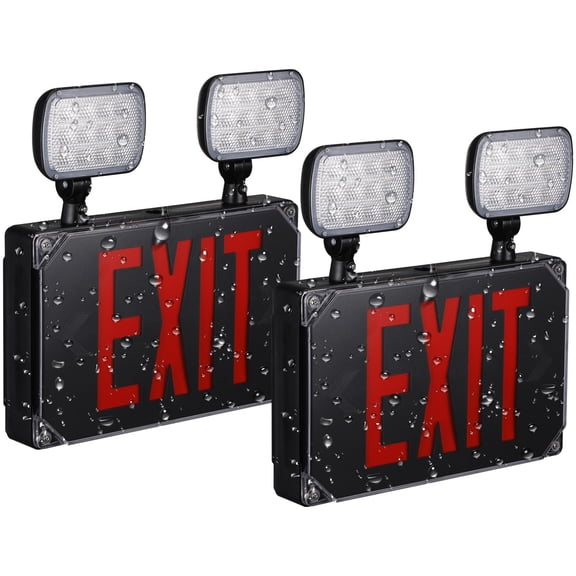 2 Pack Outdoor LED Exit Sign Light, UL-listed, Red Letter Exterior Emergency Light Signs with Dual Heads, Double Face, Black