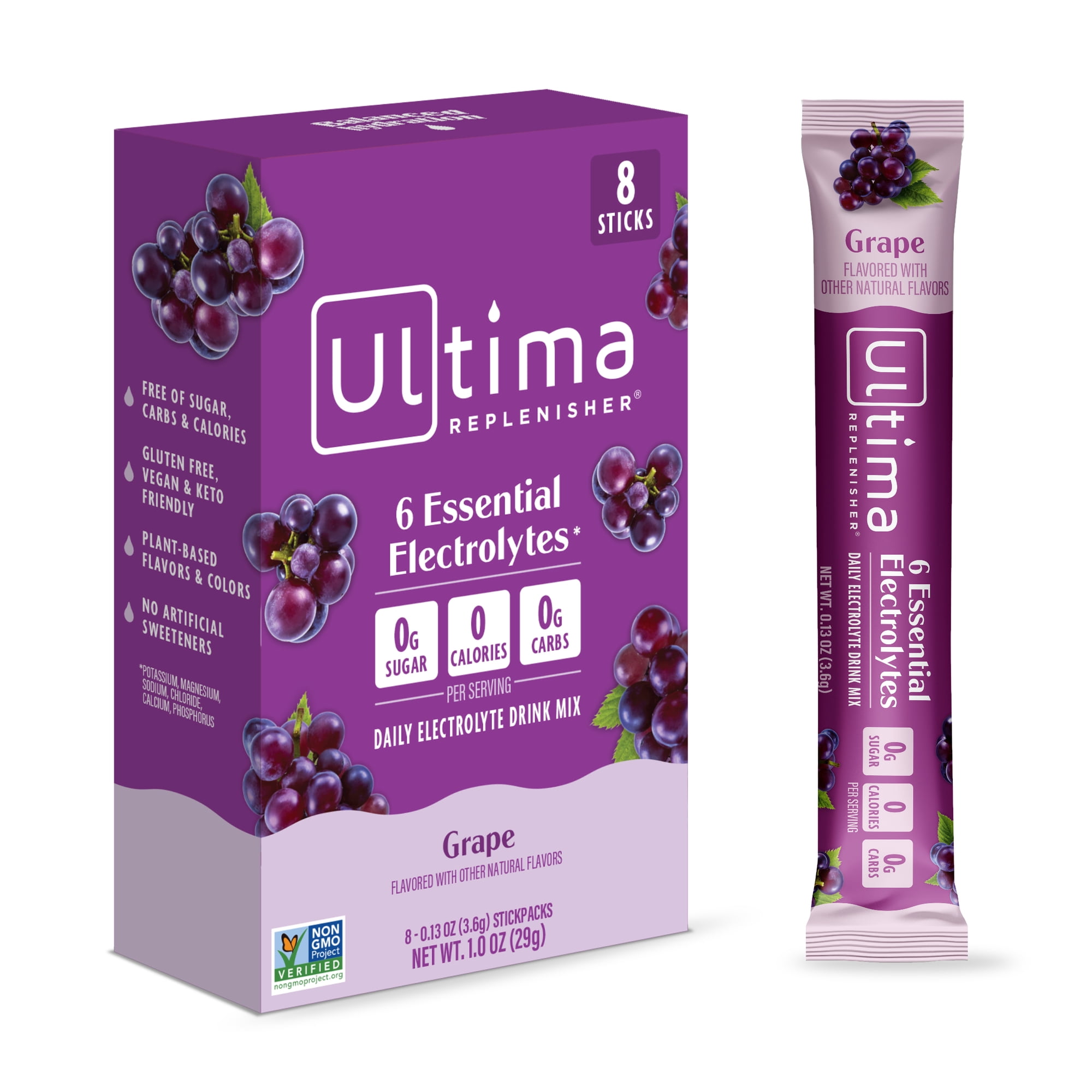 Ultima Replenisher, Electrolyte Drink Mix Packets, Sugar Free Daily Hydration Powder, Grape, 8 Count Stickpacks