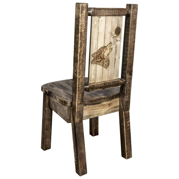 Homestead Collection Side Chair - Woodland Upholstery w/ Laser Engraved Wolf Design, Stain & Lacquer Finish