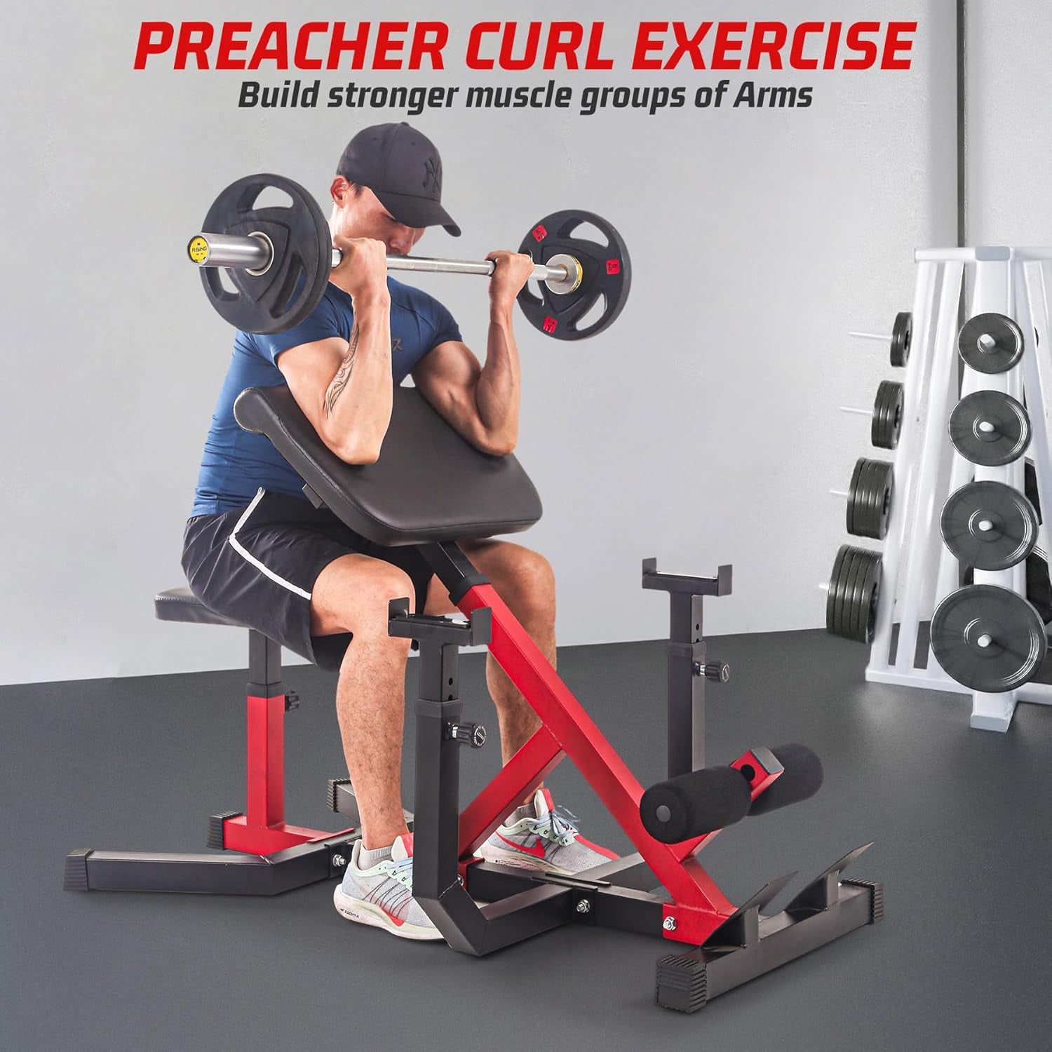 Hetoy 2 in 1 Roman Chair and Missionary Curling Bench Multi-functional heavy-duty, extra-extended bench with adjustable height for arm, abs, back, hip, and leg stretching exercise equipment,Red