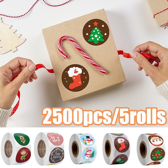 Travelwant 2500Pcs/5Rolls Merry Christmas Stickers Labels Roll Round Christmas Tags Adhesive Xmas Decorative Envelope Seals Stickers for Cards Gift Envelopes Boxes