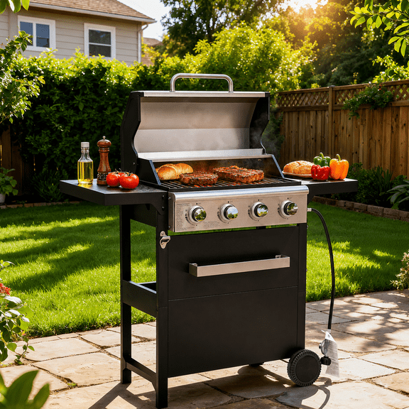 Seizeen 4-Burner Gas Grill, 36,000 Propane Gas Grill with Stainless Steel Lid, Large Cooking Area, Side Shelves & Storage Cabinet, Portable Outdoor BBQ Grill