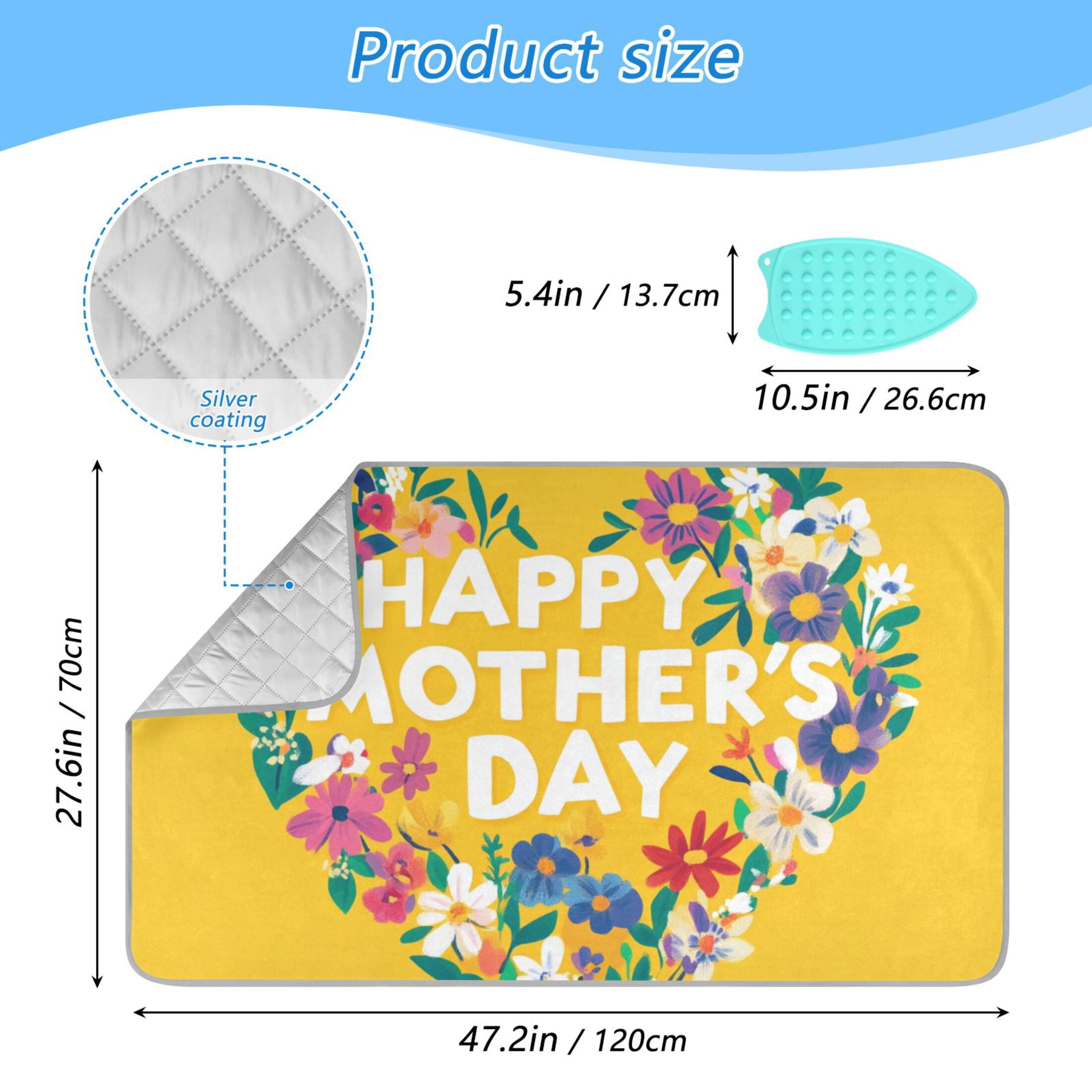 Happy Mothers Day with Heart Shaped Flowers Ironing Mat Blanket Portable Travel Ironing Pad Heat Resistant Pad 47.2" x 27.6”