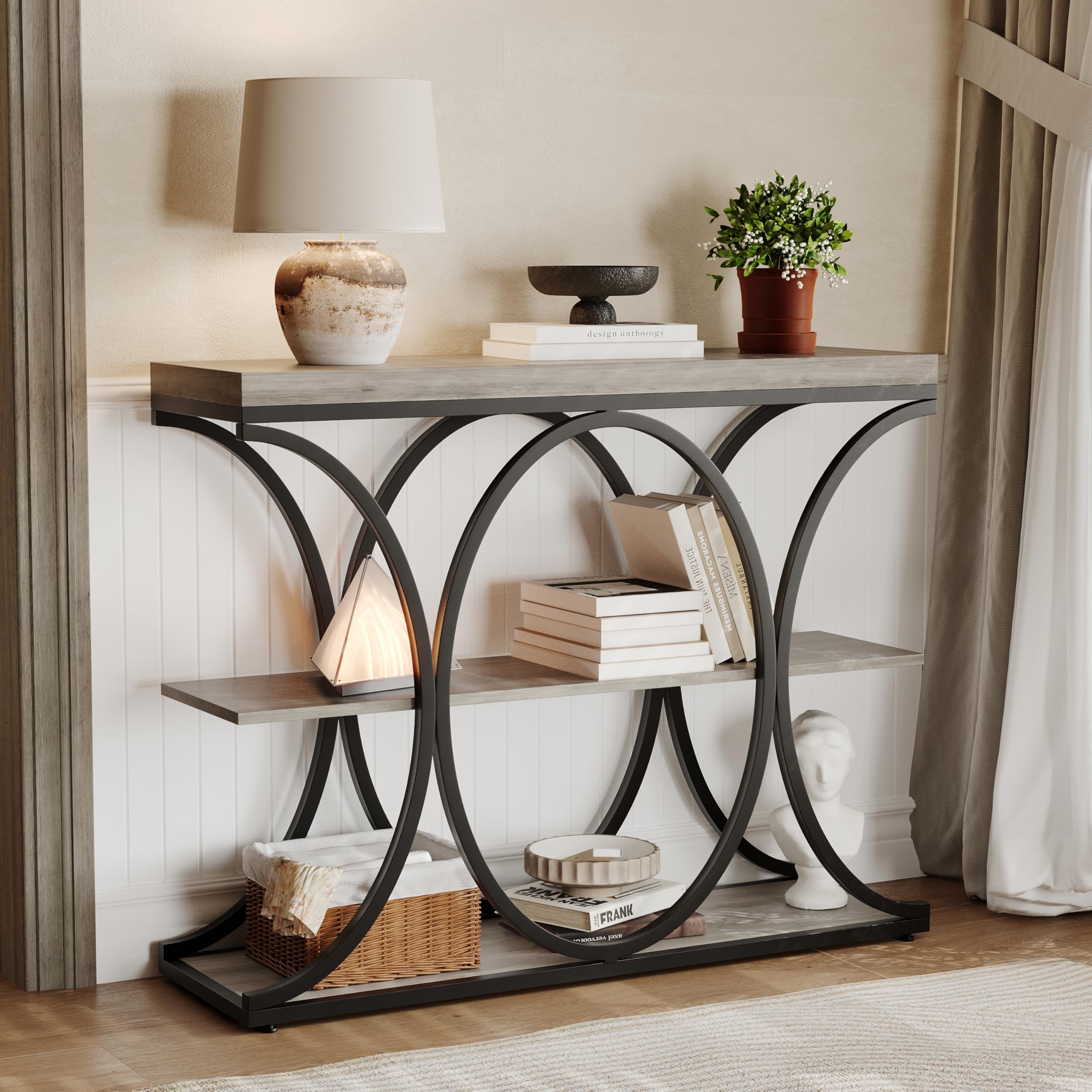 Huisuilinss Console Table,39" Narrow Entryway Table,Industrial 3-Tier Sofa Table With Round Metal Base And Storage Shelves,Wood Behind Couch Table For Living Room Hallway Foyer