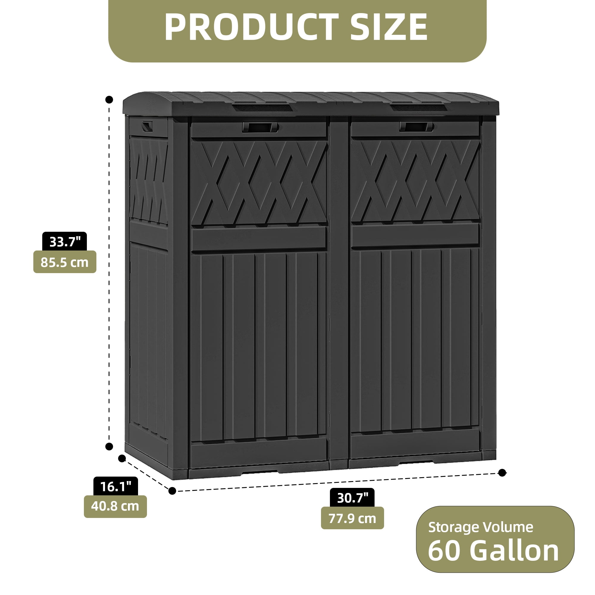 Uforic 66 Gallon Double Compartment Trash Can, Weatherproof Resin Garbage Bin with Lid & Drip Tray, for Patio Deck Backyard Kitchen, Black