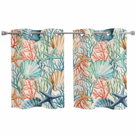 Coastal Beach Kitchen Curtains Window Panels, Nautical Summer Coral Starfish Shell Insulated Window Treatment Curtain, Grommet Curtains for Bedroom/Living Room/Bathroom, 2 Piece 27.5"Wx39"L