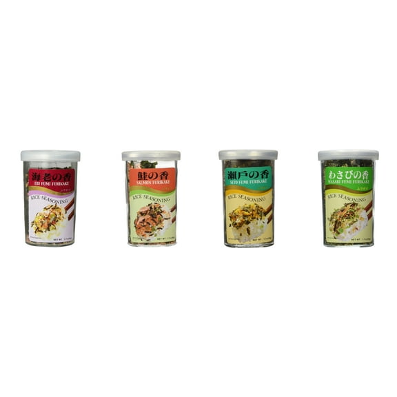 Ajishima JFC Rice Seasoning Fumi Furikake 4 Flavor Mixed Bundle (EBI,Salmon,Seto,Wasabi) Plus NineChef Brand Long Handle Coffee Spoon