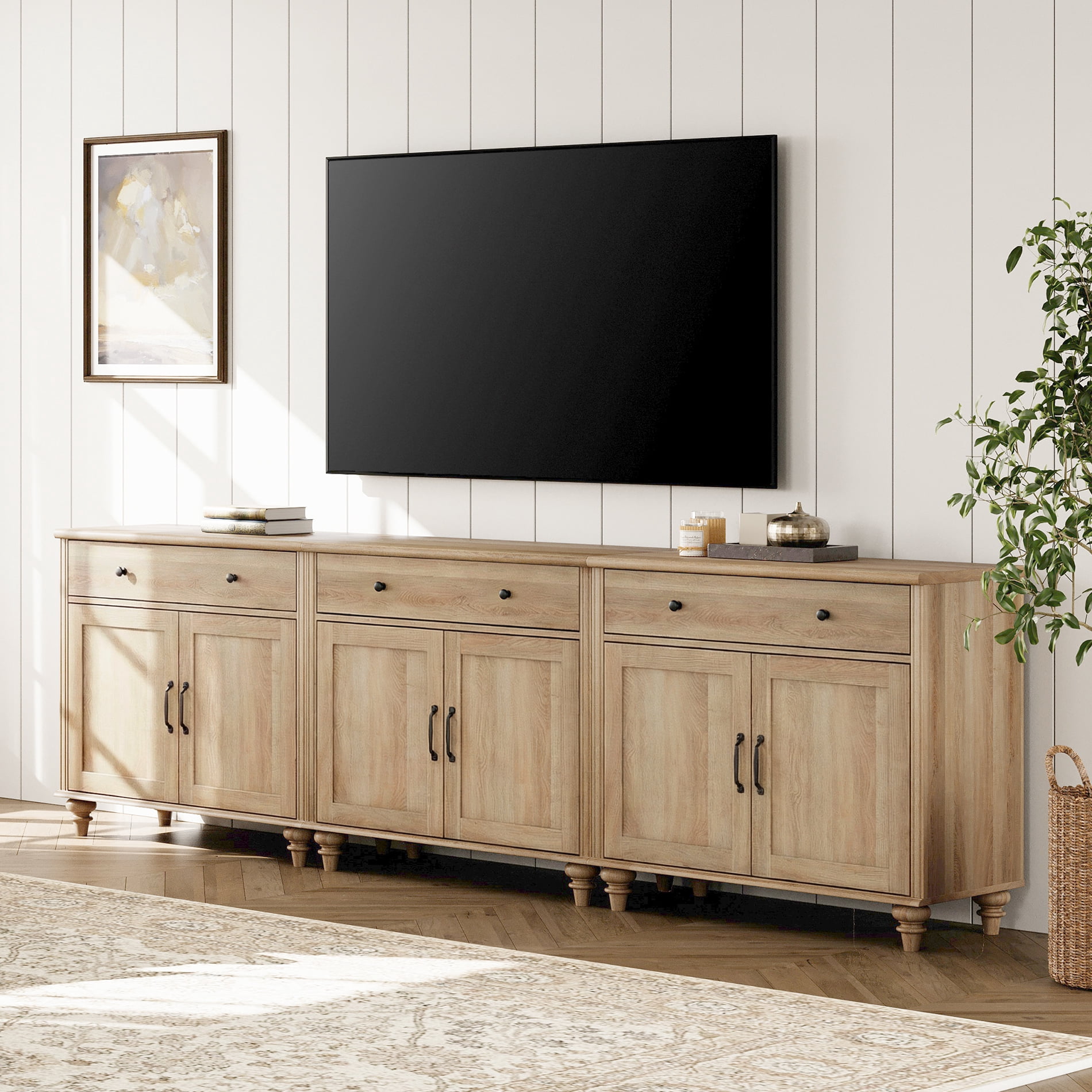 WAMPAT Farmhouse Oak TV Stand for 100 inch TV with 6 Doors and 3 Drawers, Wooden Universal TV Stands with Storage Cabinets, Entertainment Center TV Console Table for Living Room, Bedroom