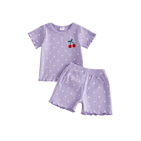 BemeyourBBs Toddler Baby Girls Summer 2 Piece Cherry Outfits Rib Knit Cherry Embroidery Polka Dot Short Sleeve Round Neck T Shirt Tops and Shorts Set
