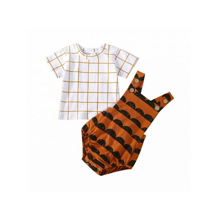 

WPNAKS Baby’s T-shirt and Romper Set Fashion Plaid Short Sleeve Tops and Printing Button Bodysuit