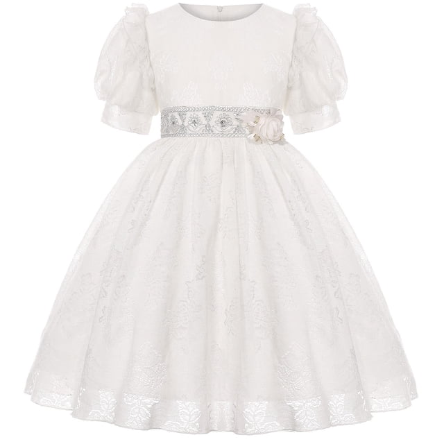 XQYLOS Robe de Fête Décontractée à Manches Courtes et Col Rond à Fleurs pour Bébés Filles Robe de Thé à Volants Smockée Tenue de Printemps de Pâques