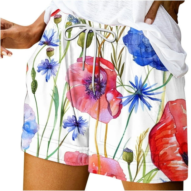 Mujeres Pantalones Cortos Ilustración de Verano Casual Encaje Hasta el Bolsillo Elástico, Pantalones Cortos Casuales para el Día Y el Ocio