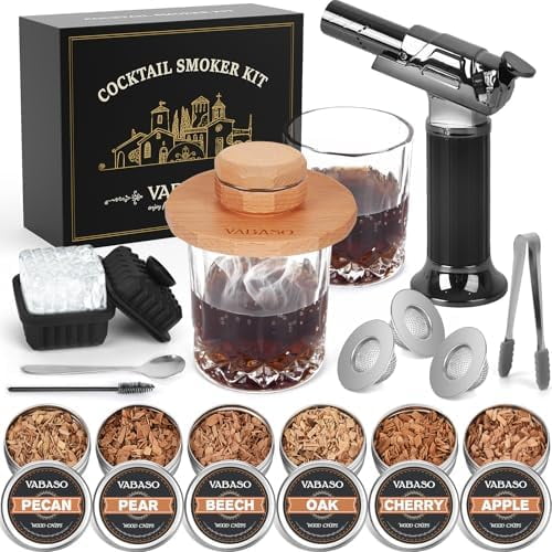 18PCS Whiskey Smoker Kit with Torch - 6 Flavors of Wood Chips, 2 Glasses, Ice Molds - Cocktail Smoker Kit, Old Fashioned Smoker Kit, Birthday Bourbon Whiskey Gifts for Men, Dad, Husband