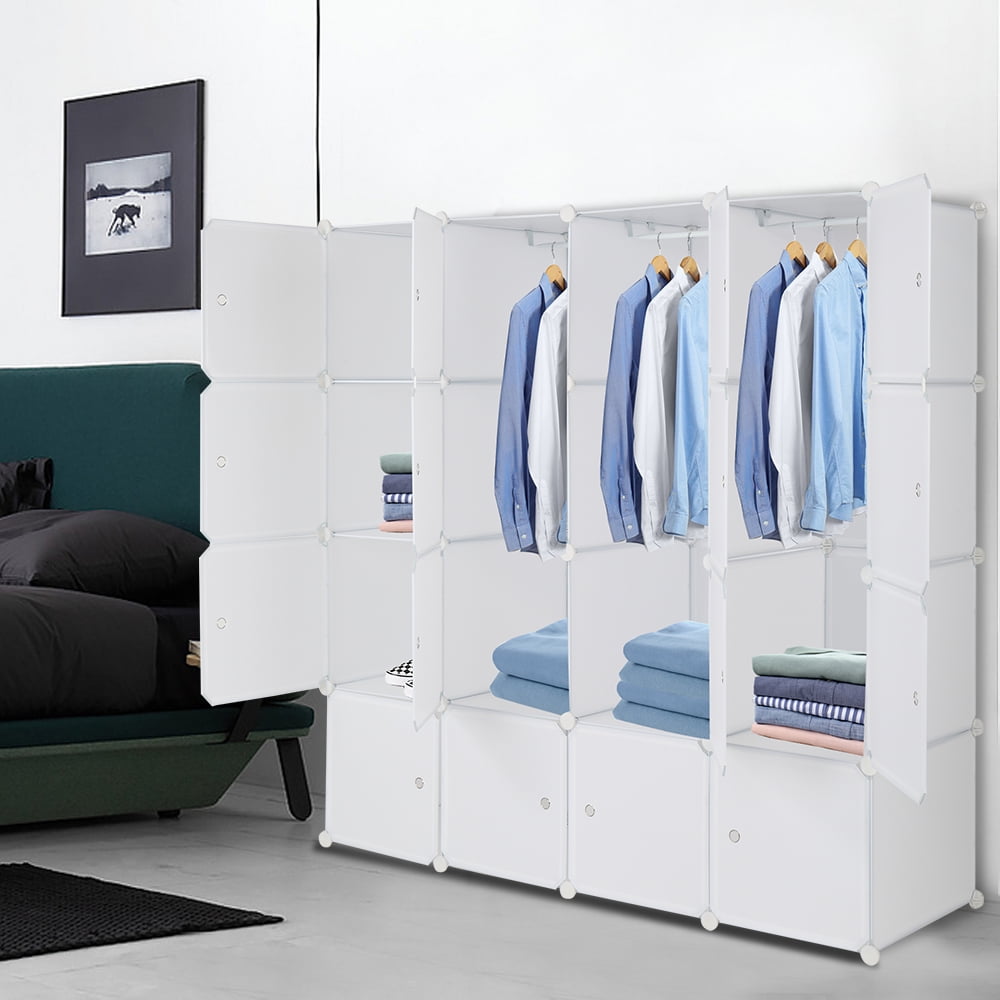 4-layer 16 Cube Organizer Stackable Cube Storage, Plastic + Steel Wire with 3 Clothes Rails, Free to Assemble, White