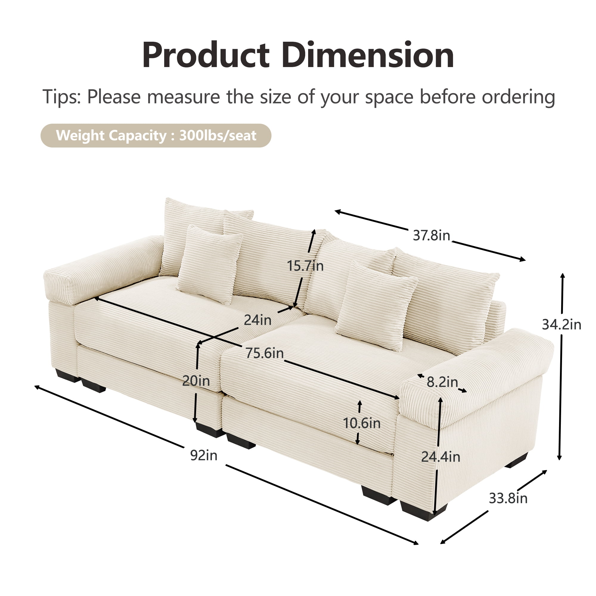 Anpport 92" Oversized Cloud Modular 2-Seater Beige Corduroy 2-Seater, Washable Removable Covers, Double-Layer Thick Cushions, Wide Armrest Small Apartment Sofa