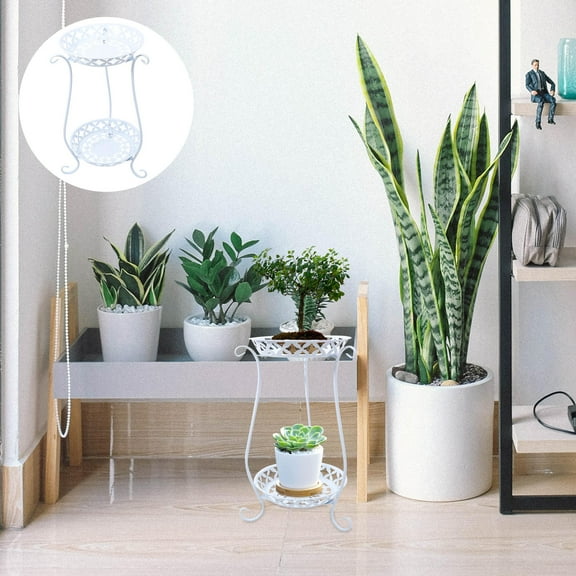 HEMOTON Wrought Iron Flowerpot Rack Double Layer Plant Pot Stand for Home Use in White 640mm Height