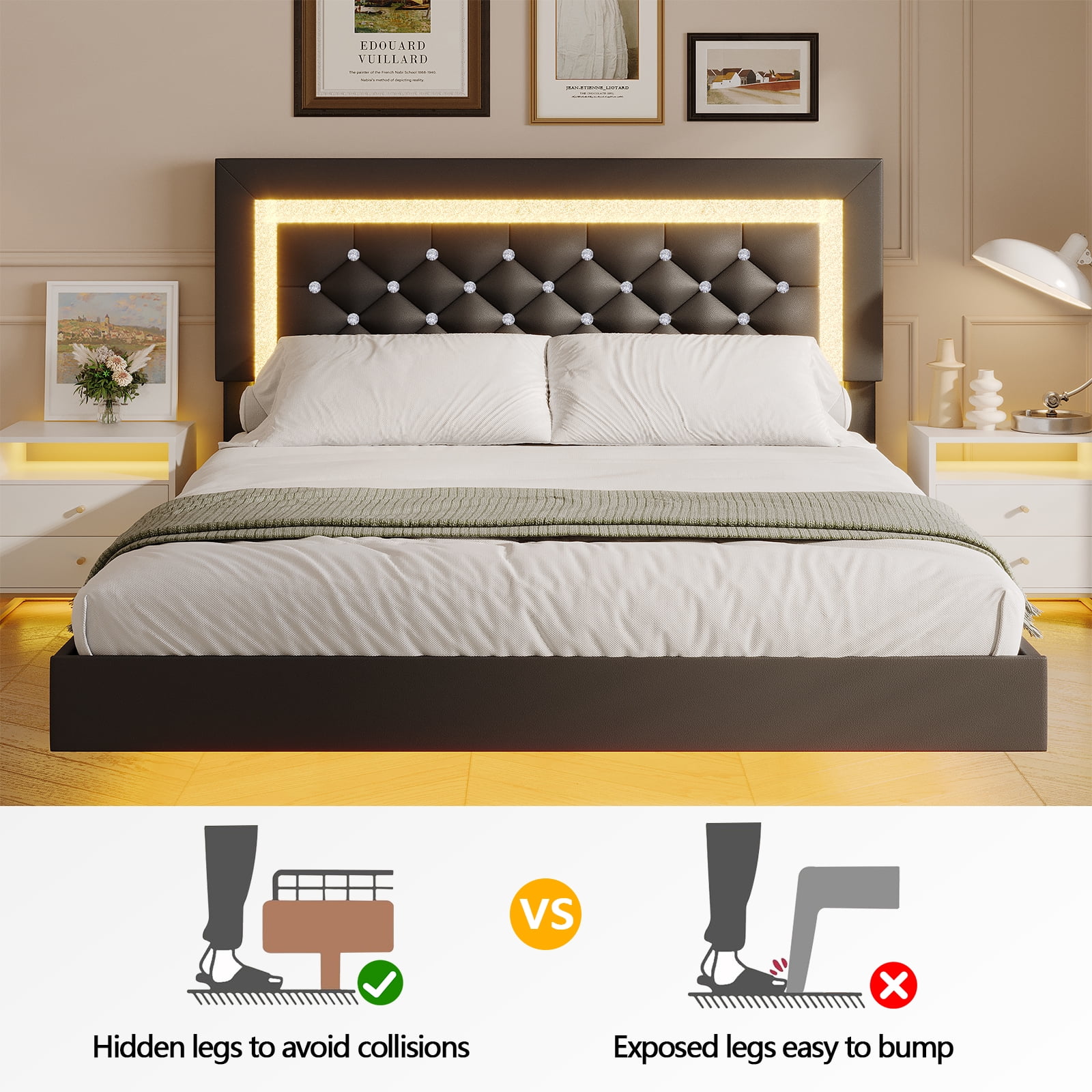 4 EVER WINNER Queen Size Floating Bed Frame with LED Lights, Upholstered Platform Bed Frame with Diamond Tufted Headboard, Black Queen Size Bed Frame, Black