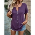thumbnail image 3 of Bigersell Women T Shirts Loose Fit Women's Summer Solid Color V-Neck Button Tops Short Sleeve Lapel Shirt Plus Muscle Round Neck Short Sleeve Ladies Tops and Blouses Style B28141, Purple XXL, 3 of 8