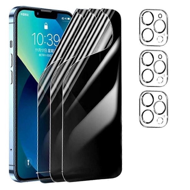 for iPhone 15 Pro 3 Pack Soft Hydrogel Film Privacy Screen Protector +3 Pack Camera Lens Protector, Upgraded Non-breakable Flexible TPU(NOT Glass)