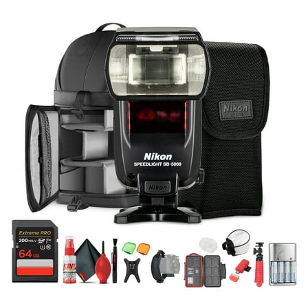 Nikon SB-5000 AF Speedlight Flash, i-TTL, Radio and Optical Wireless Control, Cooling System for Continuous Shooting   64GB Memory Card   Pro Sling Backpack   Flexible Tripod   Flash Diffuser   More
