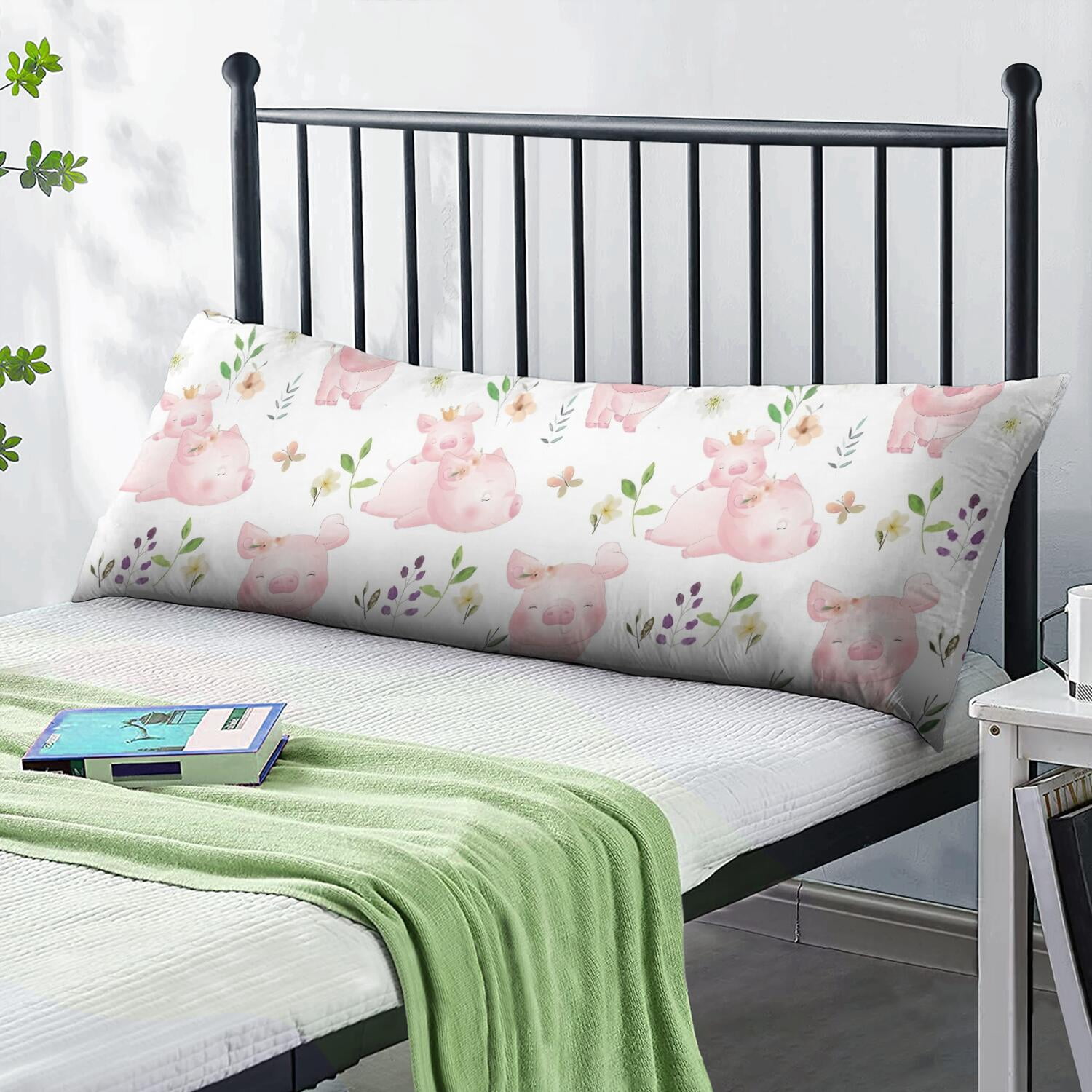 Pink Watercolor Pig Body Pillow Cover 20x54 - Cute Pig Farm Animal Aesthetic Minimalist Design - Full Length Support Pillowcase with Invisible Zipper