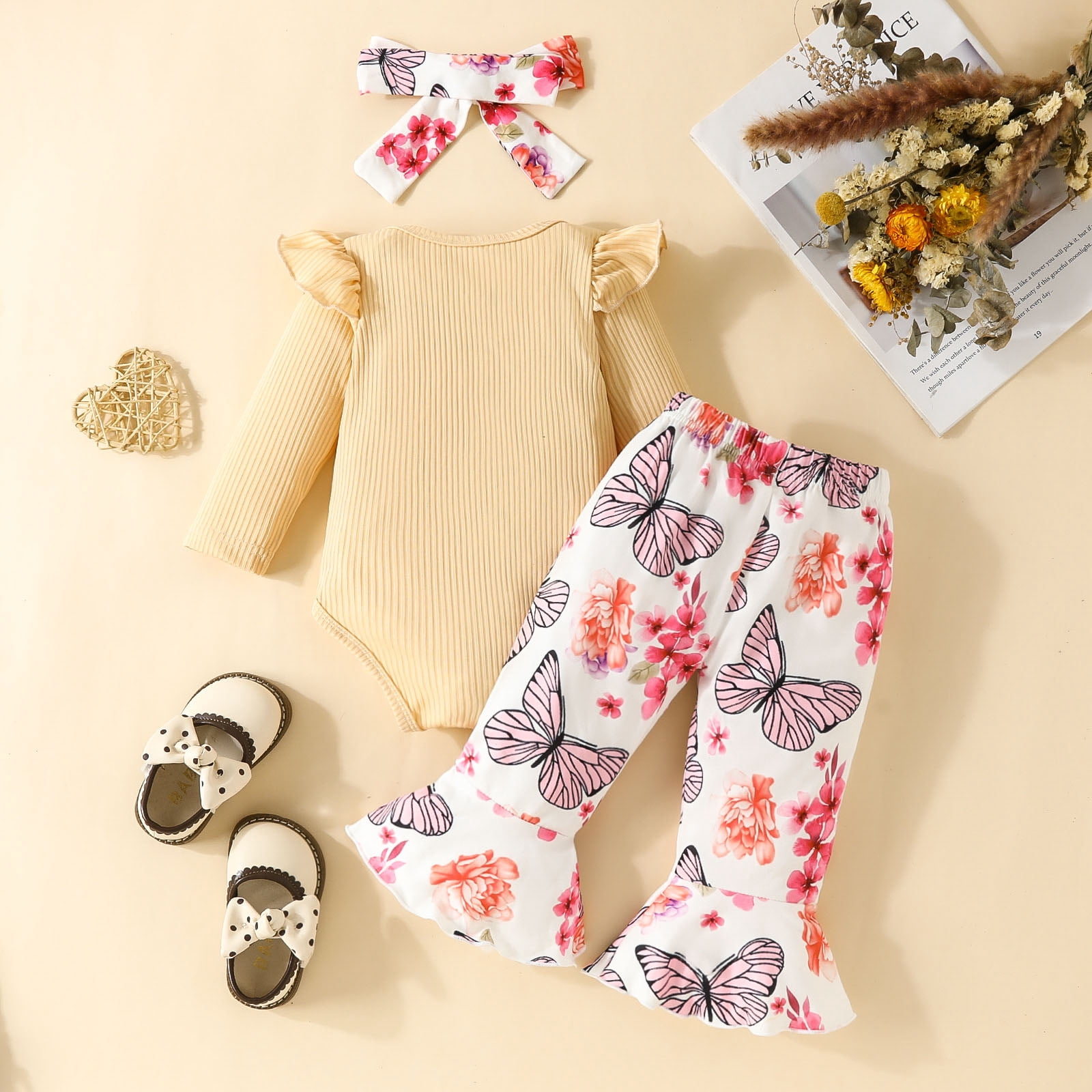 Povozer Baby Girl Clothes Long Sleeve Fall Winter Newborn Baby Girl Clothes Infant Outfits Ruffle Sleeve Romper Bodysuit Floral Pants Toddler Girl Outfits for 3-6 Months,White