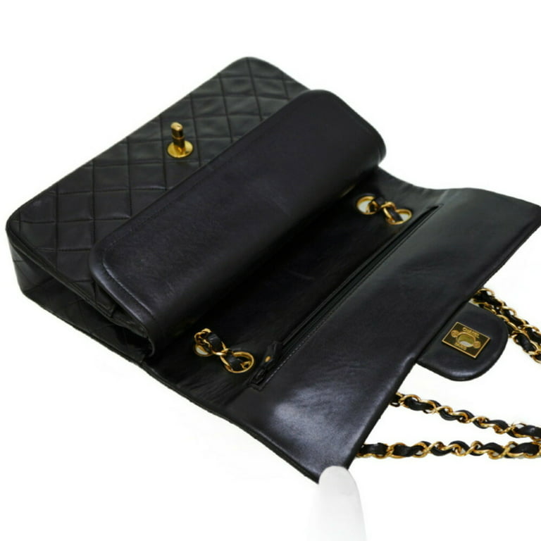 Chanel Matlasse 25 Double Flap Chain Shoulder Bag Black Gold Lambskin