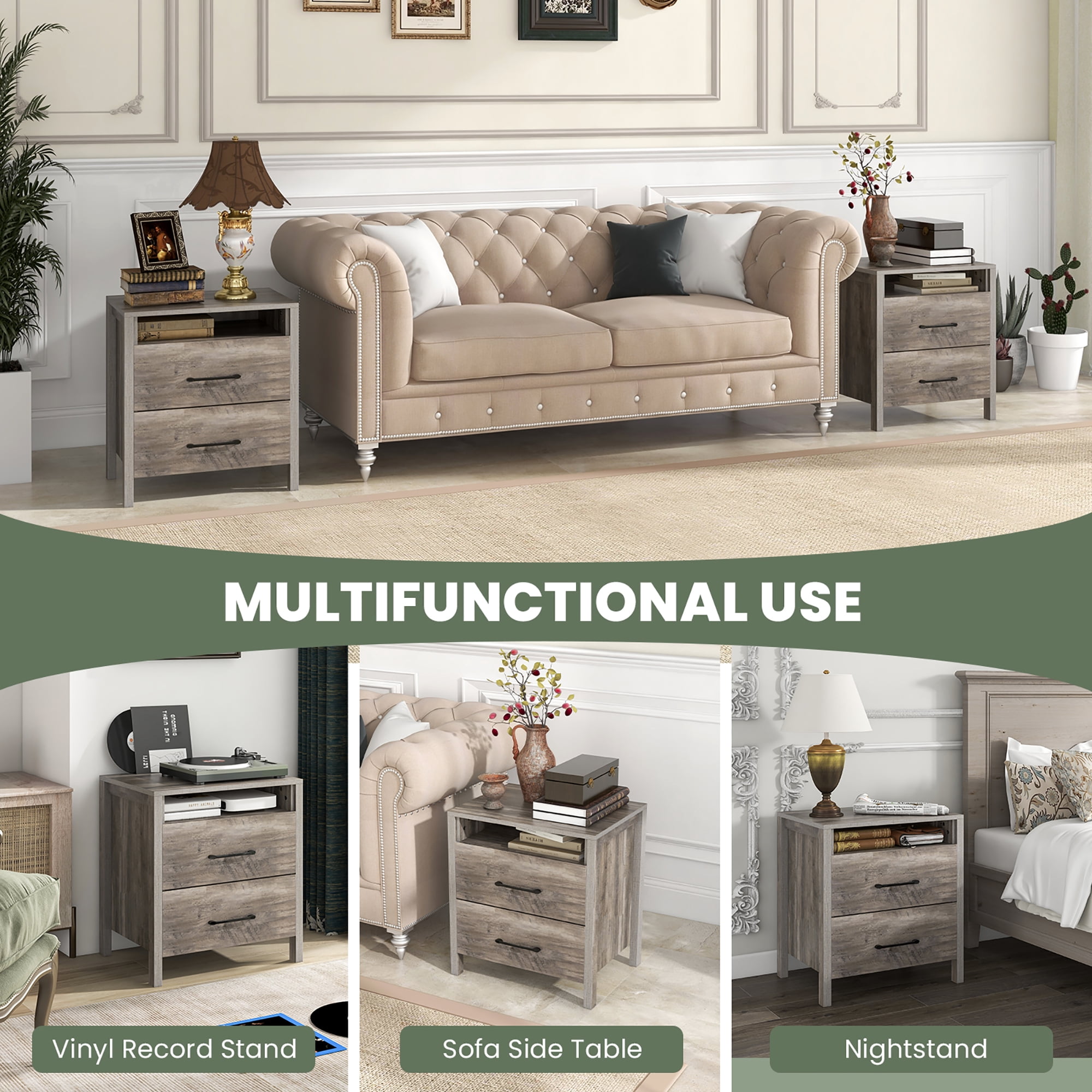 Gymax Nightstand w/ 2 Drawers Farmhouse Bed Side Table w/ Open Storage Shelf