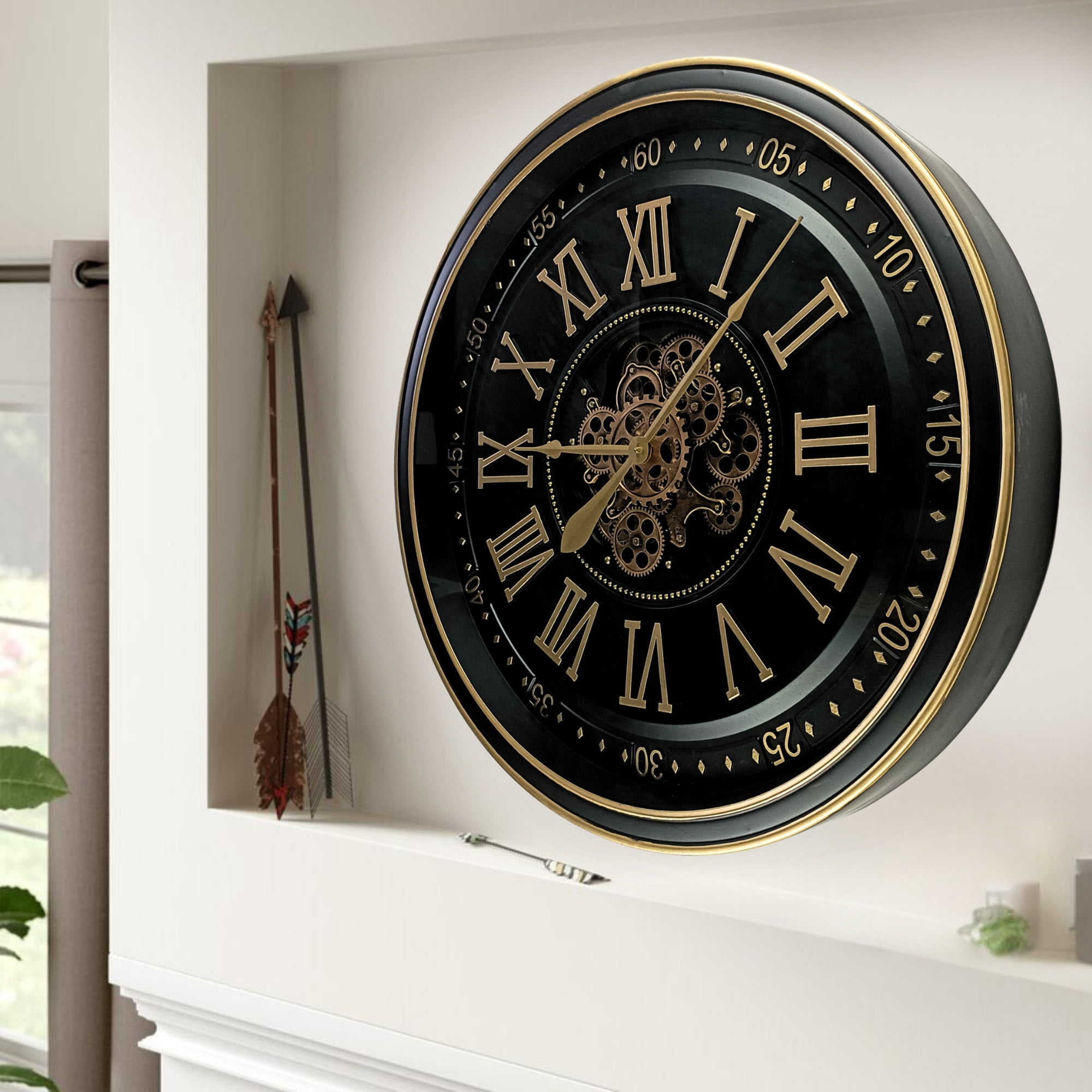THE GEARS CLOCK Wall Clock with Real Moving Gears IR-LI_ 32 in Round BLACK-ANTIQUE