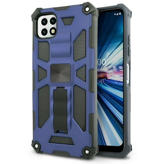 for Boost Celero 5G (Boost Mobile) Samsung Galaxy A22 5G Phone Case Magnet Mount Ready Slip Guard Grids Pattern Kickstand Hybrid Slim Shock Bumper Cover with Tempered Glass