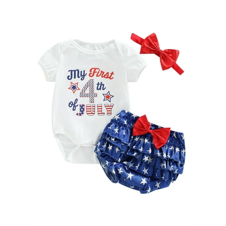 

Liacowi My 1st 4th of July Baby Girl Short Sleeve Romper Tops+Star Ruffle Shorts+Headband Outfits Clothes Stripe Letter 0-24 Months