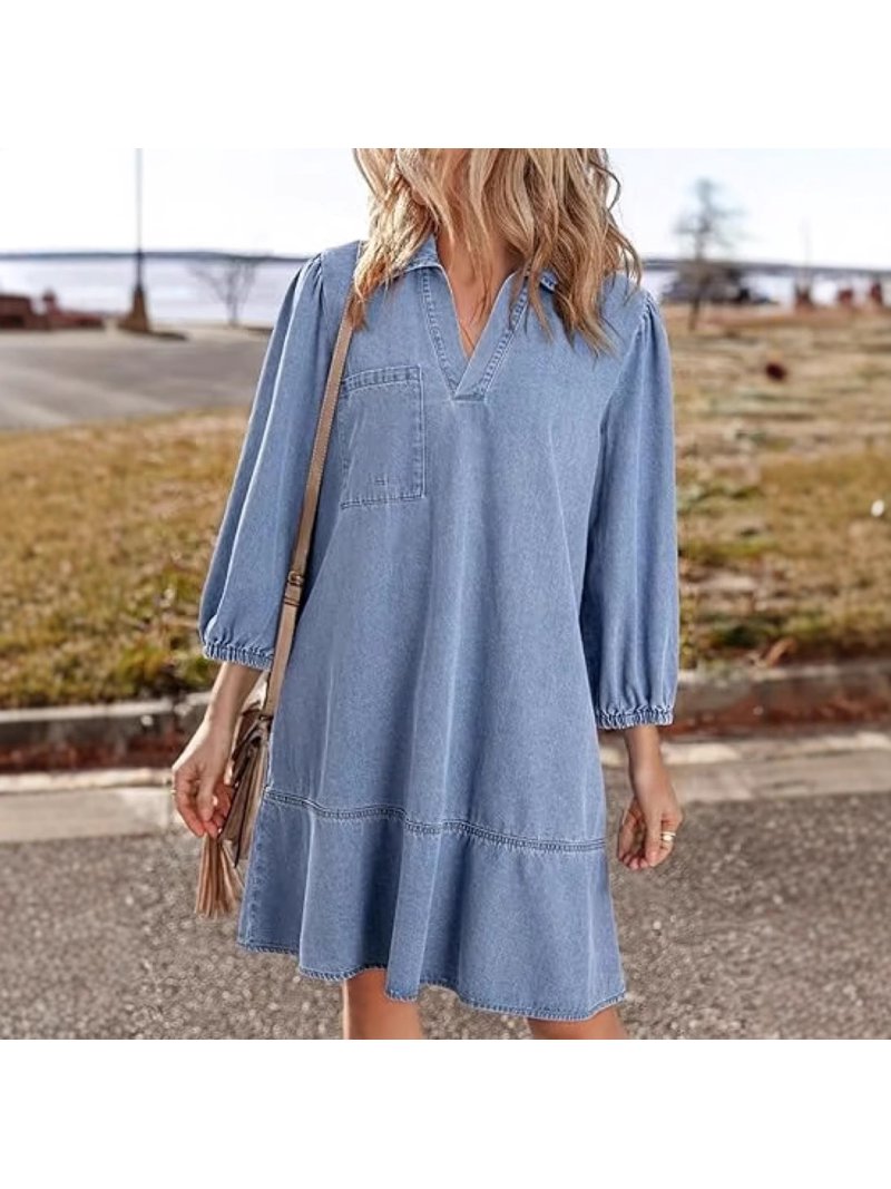 white christmas dresses Button-Down Belted Quarter Sleeve Denim Dress – Gracia Fashion main image 1