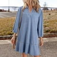thumbnail image 3 of V-Neck Denim Dress with 3/4 Length Puff Sleeves - Mid-Calf Casual Basic Stretch Cotton Jean Shirt Dress for Women Denim Dress for Women, 3 of 8