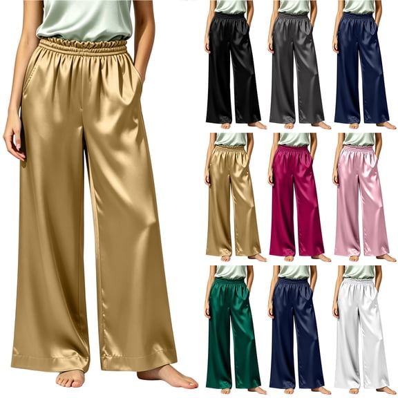 Bloomae Women Satin Wide Leg Dress Lounge Pants Silk Casual Dressy Long Flowy Pajamas Pants Ruffled Trim Elastic High Waisted Sleepwear Trousers with Pockets
