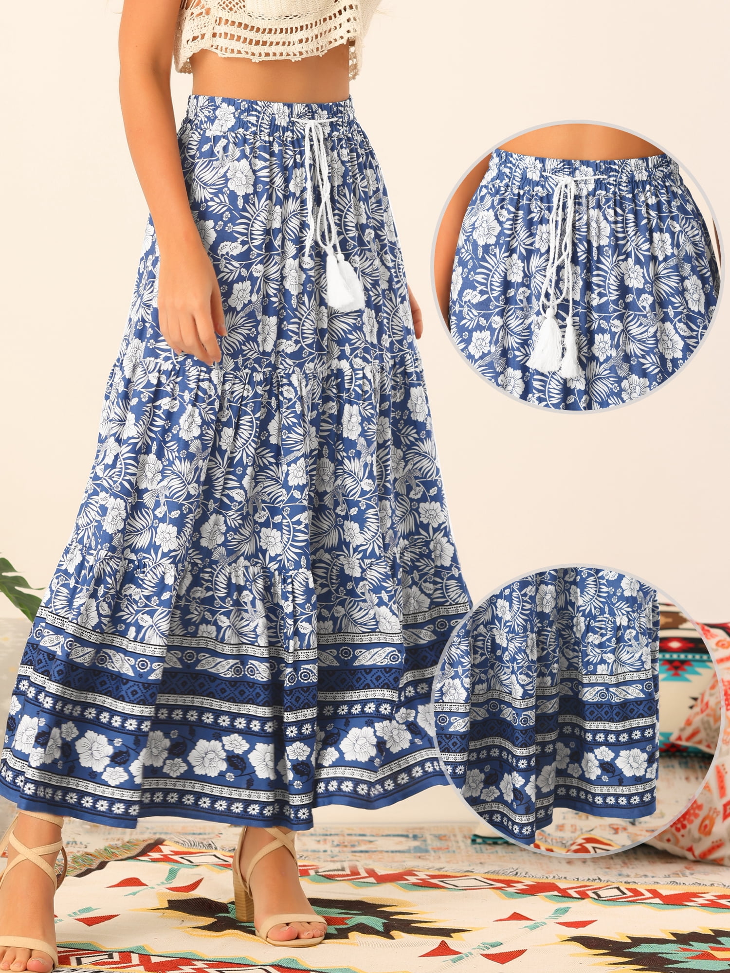 DARING DIVA Women's Bohemian Tassels Elastic Waist Casual Floral Maxi Skirt L Blue